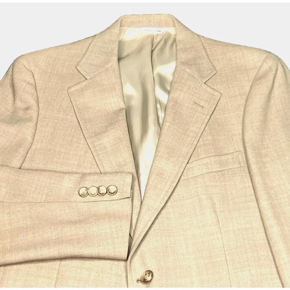 Chaps Ralph Lauren Vtg Sport Coat Hopsack 42 44 Silk Wool Tan USA Preppy Blazer